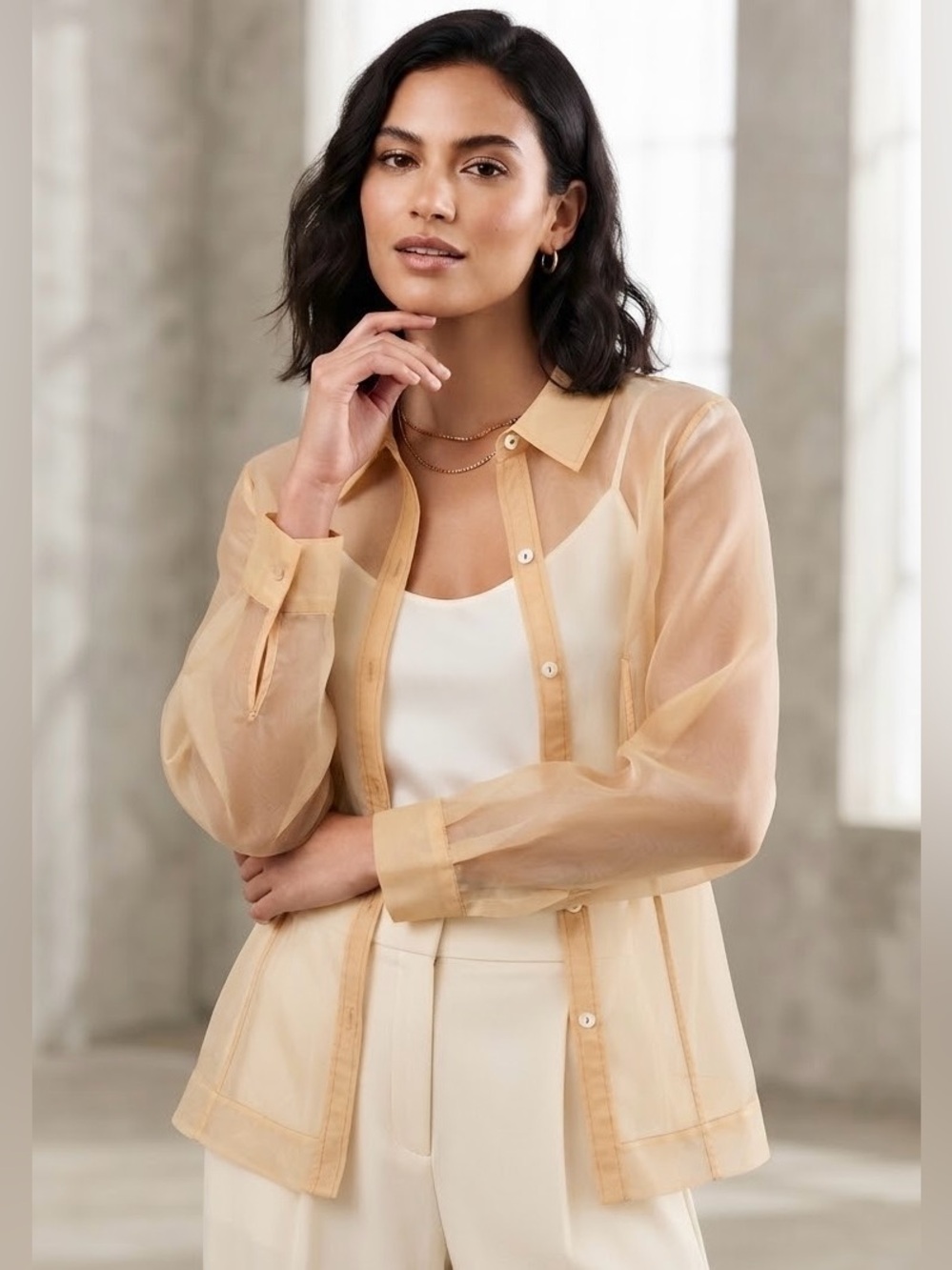 Gold Sheer Long Sleeve Button Up Shirt Glam Holiday Coquette Fairy Maximalism